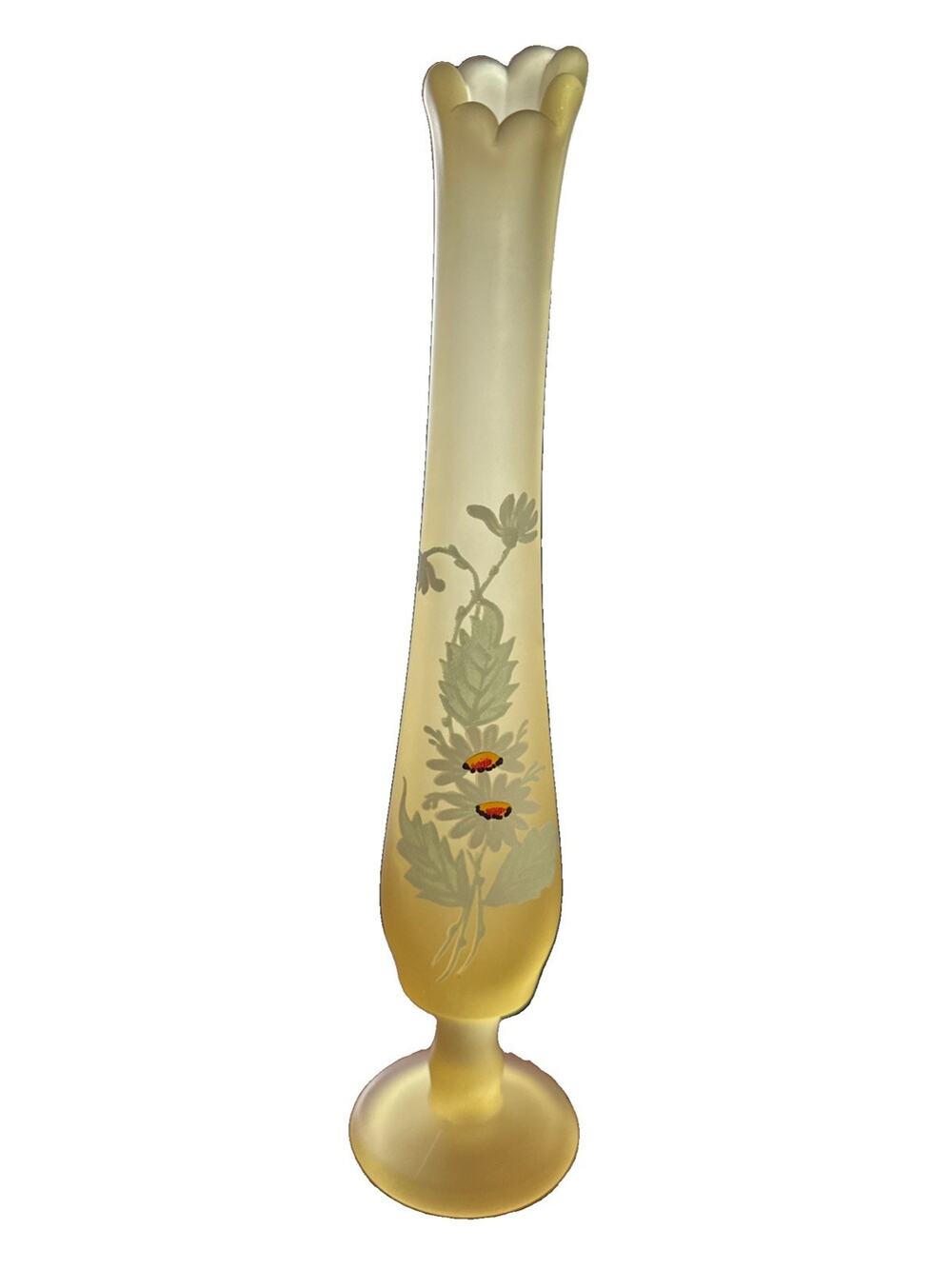 Vtg Westmoreland Yellow Mist Swung Vase 11" Hand Painted Daisy Satin Glass W